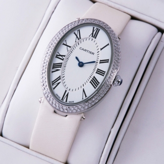 Cartier Baignoire steel diamond watch for women white satin strap