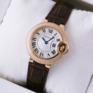 Ballon Bleu de Cartier small swiss quartz watch diamond pink gold brown leather strap