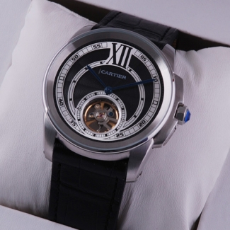 Calibre de Cartier Flying Tourbillon mens watch replica steel black dial leather strap