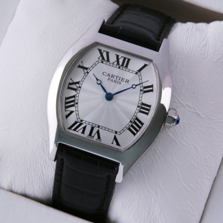 Cartier Tortue medium replica watch stainless steel black leather strap