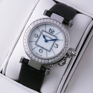 Pasha de Cartier diamond ladies watch steel white mother of pearl dial black satin strap