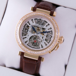 Pasha de Cartier large skeleton diamond unisex watch yellow gold brown leather strap