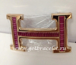 Hermes Reversible Belt 18k Rose Gold With Red Diamonds H Buckle