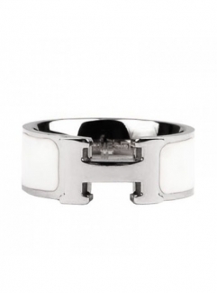 Hermes Enamel Clic H Ring in 18kt White Gold with White