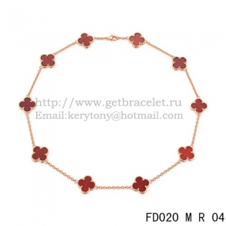 VCA Vintage Alhambra Necklace Pink Gold 10 Motifs Carnelian Mother of Pearl 45cm