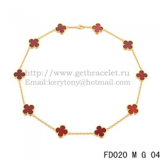 VCA Vintage Alhambra Necklace Yellow Gold 10 Motifs Carnelian Mother of Pearl 45cm