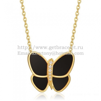 Van Cleef & Arpels Flying Butterfly Pendant Necklace Yellow Gold With Black Onyx Diamonds