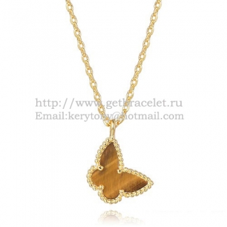 Van Cleef Arpels Lucky Alhambra Butterfly Necklace Yellow Gold With Tiger's Eye Mother Of Pearl