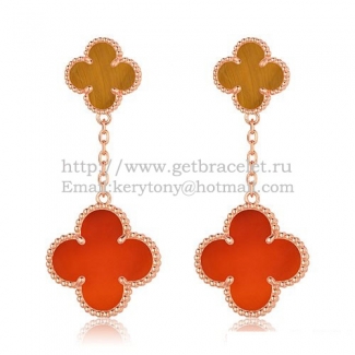 Van Cleef & Arpels Magic Alhambra Earrings Pink Gold With Tiger's Eye Carnelian