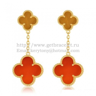 Van Cleef & Arpels Magic Alhambra Earrings Yellow Gold With Tiger's Eye Carnelian