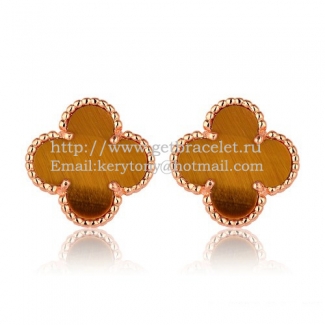 Van Cleef & Arpels Sweet Alhambra Earrings 15mm Pink Gold With Tiger's Eye Mother Of Pearl