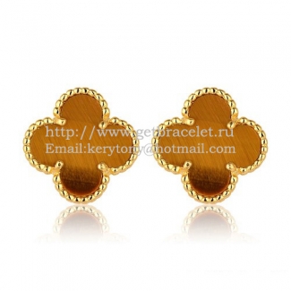 Van Cleef & Arpels Sweet Alhambra Earrings 15mm Yellow Gold With Tiger's Eye Mother Of Pearl