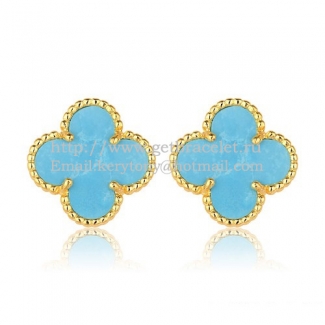 Van Cleef & Arpels Sweet Alhambra Earrings 15mm Yellow Gold With Turquoise Mother Of Pearl