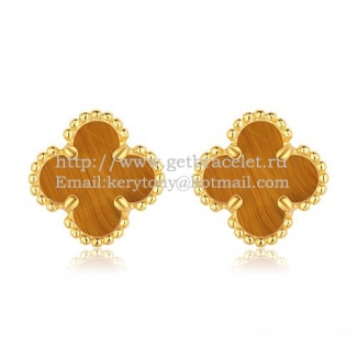 Van Cleef & Arpels Sweet Alhambra Earrings 9mm Yellow Gold With Tiger's Eye Mother Of Pearl