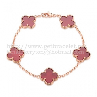 Van Cleef & Arpels Vintage Alhambra Bracelet 5 Motifs Pink Gold With Carnelian Mother Of Pearl