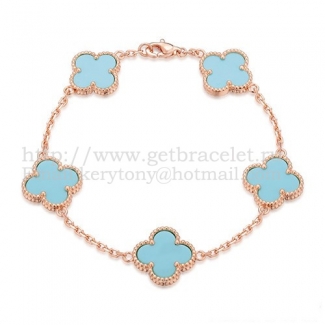 Van Cleef & Arpels Vintage Alhambra Bracelet 5 Motifs Pink Gold With Turquoise Mother Of Pearl