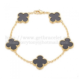 Van Cleef & Arpels Vintage Alhambra Bracelet 5 Motifs Yellow Gold With Black Agate Mother Of Pearl