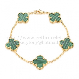 Van Cleef & Arpels Vintage Alhambra Bracelet 5 Motifs Yellow Gold With Malachite Mother Of Pearl