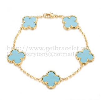 Van Cleef & Arpels Vintage Alhambra Bracelet 5 Motifs Yellow Gold With Turquoise Mother Of Pearl