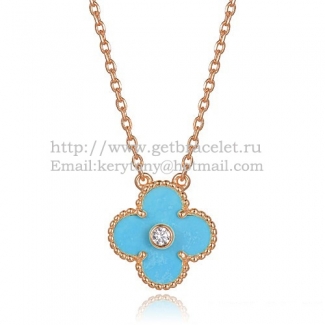 Van Cleef & Arpels Vintage Alhambra Pendant Pink Gold With Turquoise Mother Of Pearl Round Diamonds