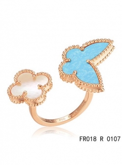 Van Cleef Arpels Luck Alhambra Between The Finger Ring Pink Gold Turquoise With Mother Of Pearl