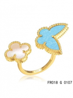 Van Cleef Arpels Luck Alhambra Between The Finger Ring Yellow Gold Turquoise With Mother Of Pearl