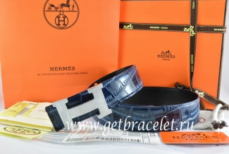 Hermes Reversible Belt Blue/Black Crocodile Stripe Leather With18K Silver H Buckle