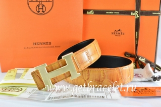 Hermes Reversible Belt Orange/Orange Crocodile Stripe Leather With18K Drawbench Gold H Buckle