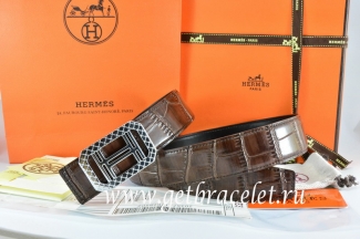 Hermes Reversible Belt Brown/Black Crocodile Stripe Leather With18K Silver Lace Strip H Buckle