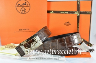 Hermes Reversible Belt Brown/Black Crocodile Stripe Leather With18K Gold Coach Buckle