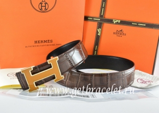 Hermes Reversible Belt Brown/Black Crocodile Stripe Leather With18K Yellow Gold H Buckle