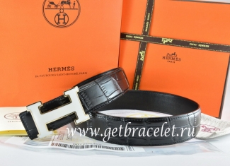 Hermes Reversible Belt Black/Black Crocodile Stripe Leather With18K White Silver H Buckle