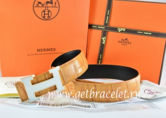 Hermes Reversible Belt Orange/Black Crocodile Stripe Leather With18K White Silver H Buckle