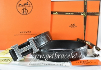 Hermes Reversible Belt Black/Black Crocodile Stripe Leather With18K Silver Wave Stripe H Buckle