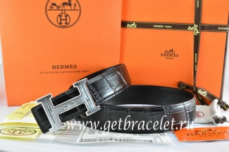 Hermes Reversible Belt Black/Black Crocodile Stripe Leather With18K Silver Geometric Stripe H Buckle