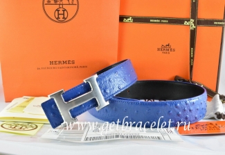 Hermes Reversible Belt Blue/Black Ostrich Stripe Leather With 18K Drawbench Silver H Buckle