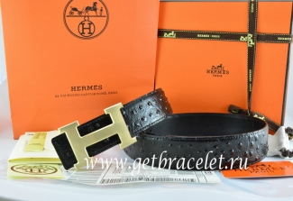 Hermes Reversible Belt Black/Black Ostrich Stripe Leather With 18K Drawbench Gold H Buckle