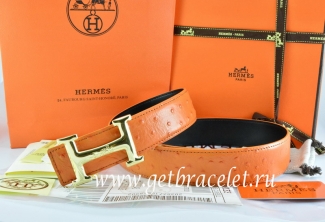 Hermes Reversible Belt Orange/Black Ostrich Stripe Leather With 18K Gold Idem With Logo Buckle