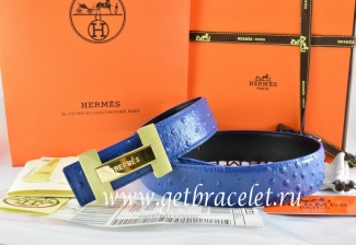 Hermes Reversible Belt Blue/Black Ostrich Stripe Leather With 18K Gold H Logo Buckle