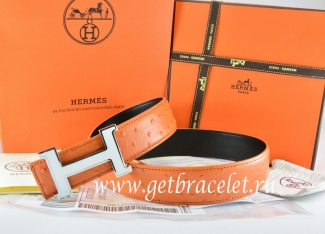 Hermes Reversible Belt Orange/Black Ostrich Stripe Leather With 18K White Silver Narrow H Buckle