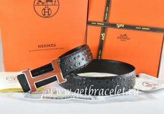 Hermes Reversible Belt Black/Black Ostrich Stripe Leather With 18K Brown Silver Narrow H Buckle