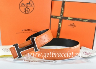 Hermes Reversible Belt Orange/Black Ostrich Stripe Leather With 18K Black Silver Narrow H Buckle