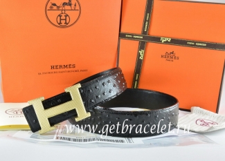 Hermes Reversible Belt Black/Black Ostrich Stripe Leather With 18K Gold Wave Stripe H Buckle