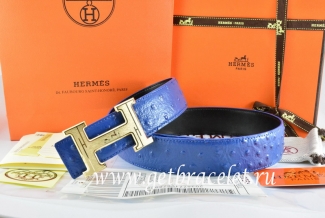 Hermes Reversible Belt Blue/Black Ostrich Stripe Leather With 18K Gold Geometric Stripe H Buckle