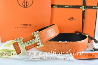 Hermes Reversible Belt Orange/Black Ostrich Stripe Leather With 18K Gold Geometric Stripe H Buckle