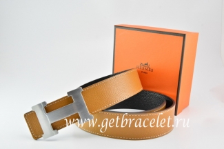 Hermes Reversible Belt Light Coffe/Black Togo Calfskin With 18k Silver H Buckle