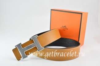 Hermes Reversible Belt Light Coffe/Black Togo Calfskin With 18k Gold Wave Stripe H Buckle