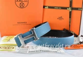 Hermes Reversible Belt Blue/Black Togo Calfskin With 18k Drawbench Silver H Buckle