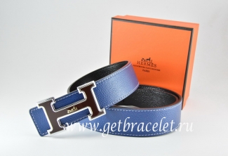 Hermes Reversible Belt Dark Blue/Black Togo Calfskin With 18k Black Silver Logo H Buckle