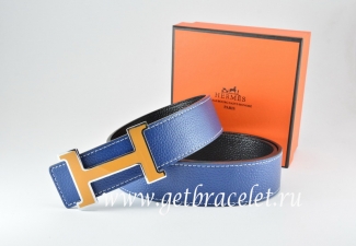 Hermes Reversible Belt Dark Blue/Black Togo Calfskin With 18k Orange Silver H Buckle